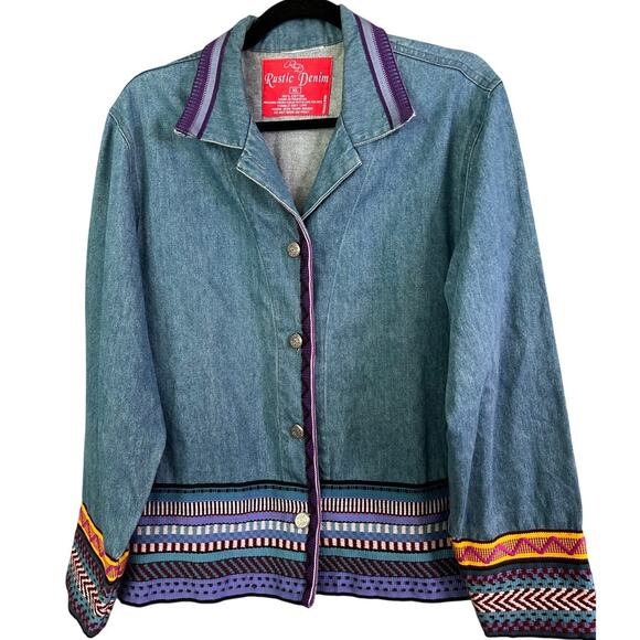 Vintage 90s Rustic Denim Chore Jacket XL Blue Cotton Embroidered Button Up Retro - Picture 1 of 9